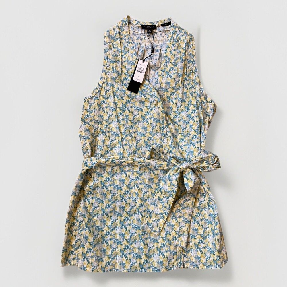 Talbots Womens 2 Blue Yellow Floral Sleeveless Belted Wrap Blouse Top Cottage